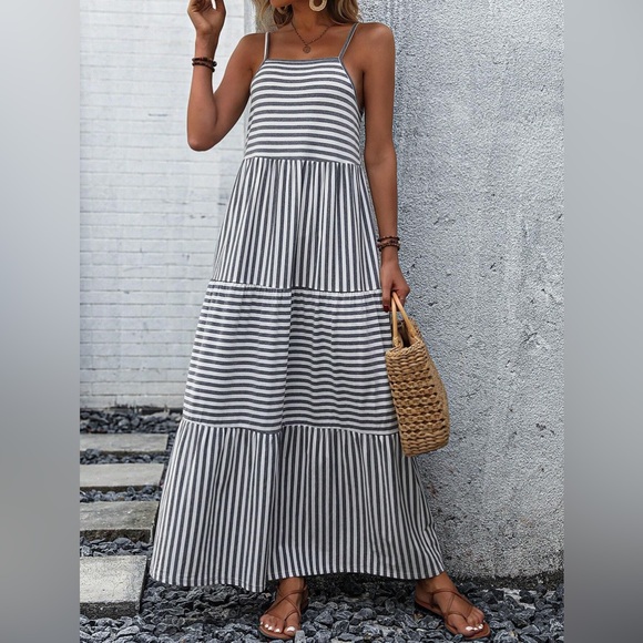 Gray white striped spaghetti strap maxi dress - Picture 1 of 2